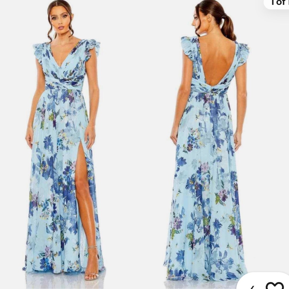 Mac Duggal Blue Floral Chiffon Dress